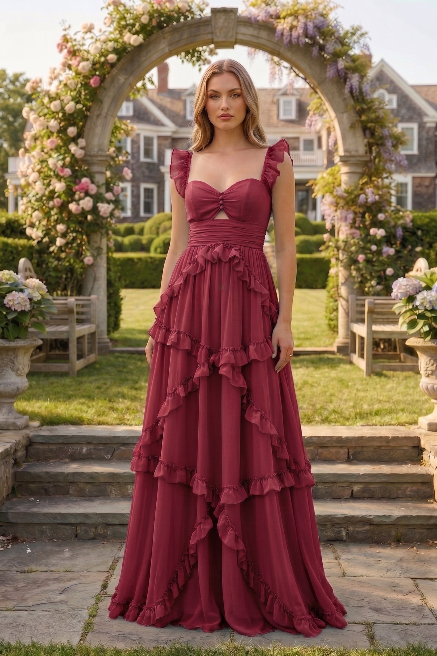 Sweetheart Cutout Ruffle Strap Tiered Chiffon A-Line Prom Dress | Sevoba