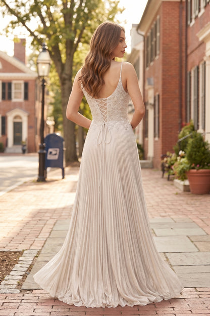 V Neck Applique Lace Pleated A-Line Prom Dress with Lace-Up Back | Sevoba