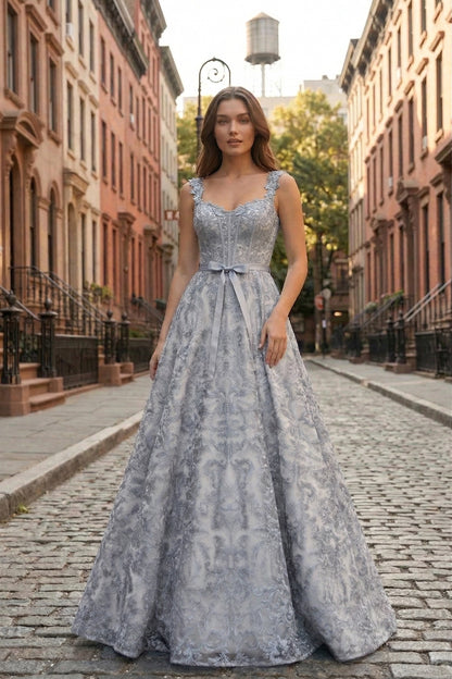 Square Neck Lace Corset A-Line Prom Dress with Satin Bow & Lace-Up Back | Sevoba