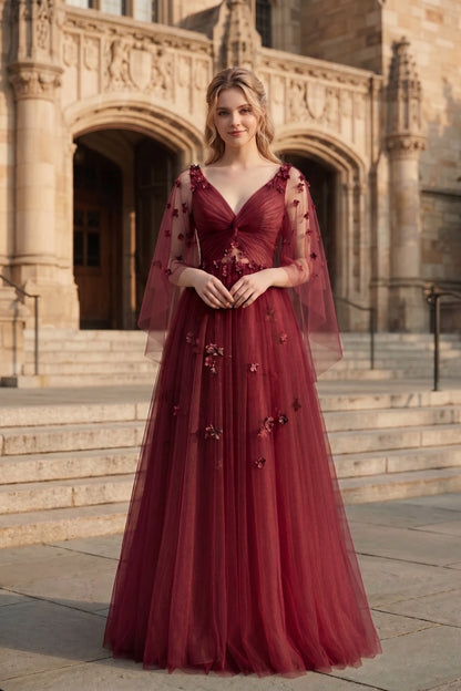 V Neck Applique Tulle A-Line Prom Dress with Sheer Sleeves and Lace-Up Back | Sevoba