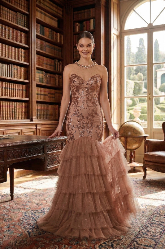 Illusion Neck Beaded Lace Mermaid Prom Dress with Tiered Tulle Skirt | Sevoba
