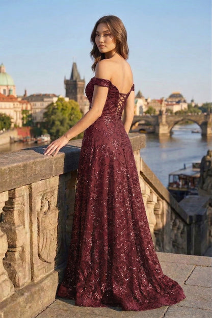 Off-the-Shoulder Sweetheart Sequin Lace Mermaid Prom Dress with Lace-Up Back | Sevoba