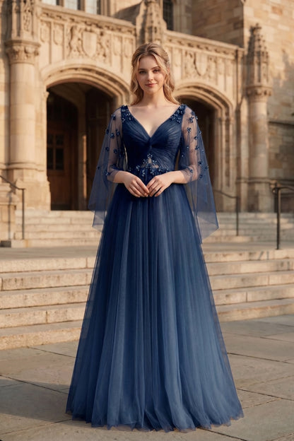 V Neck Applique Tulle A-Line Prom Dress with Sheer Sleeves and Lace-Up Back | Sevoba