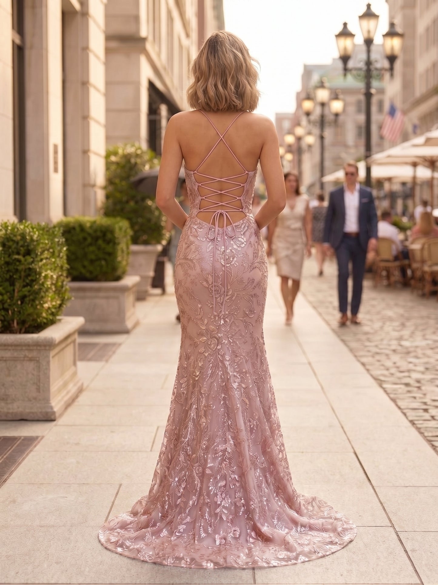Spaghetti Strap Square Neck Embellished Lace Mermaid Prom Dress with Lace-Up Back | Sevoba