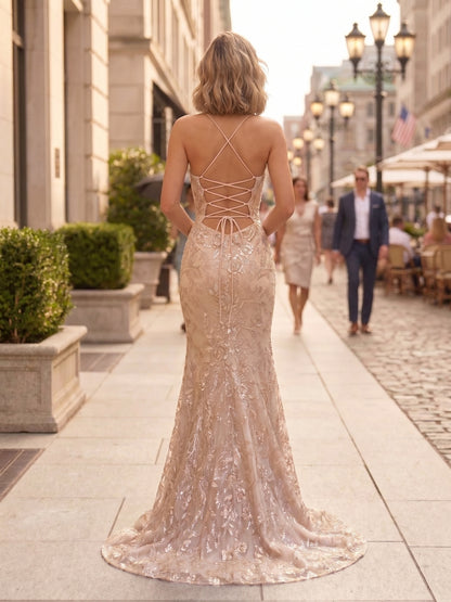 Spaghetti Strap Square Neck Embellished Lace Mermaid Prom Dress with Lace-Up Back | Sevoba