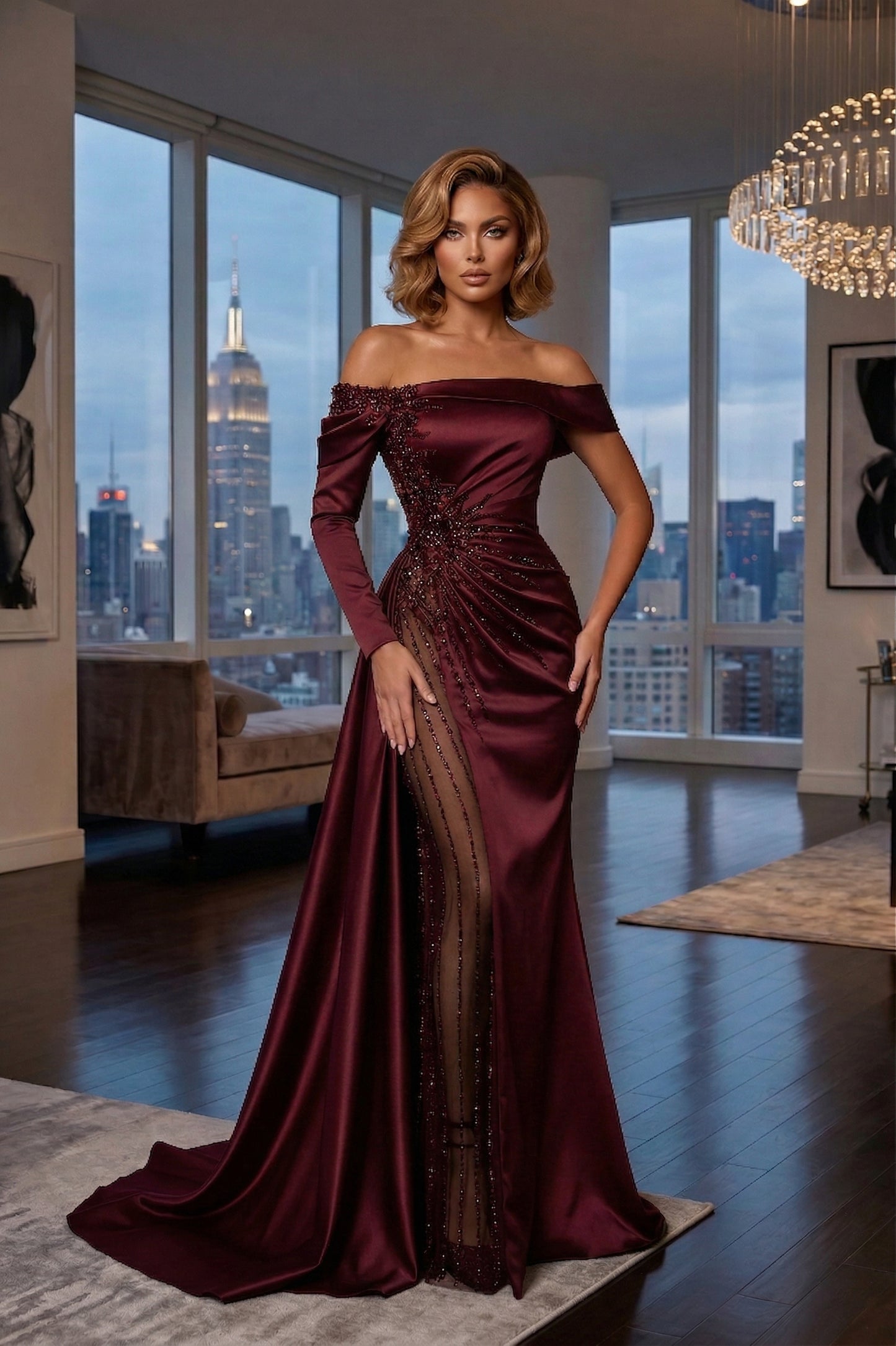 Off-the-Shoulder Long Sleeve Satin Mermaid Prom Dress with Beaded Slit | Sevoba