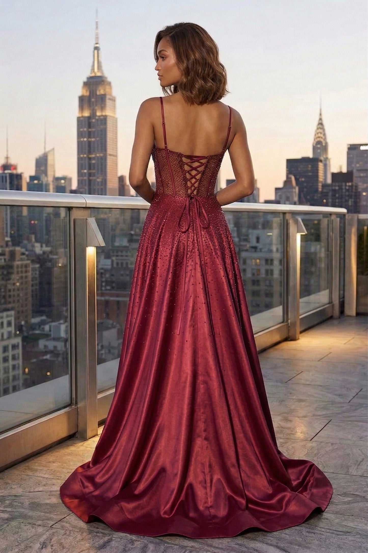 Spaghetti Strap Sheer Beaded Corset A-Line Prom Dress with Lace-Up Back & High Slit | Sevoba