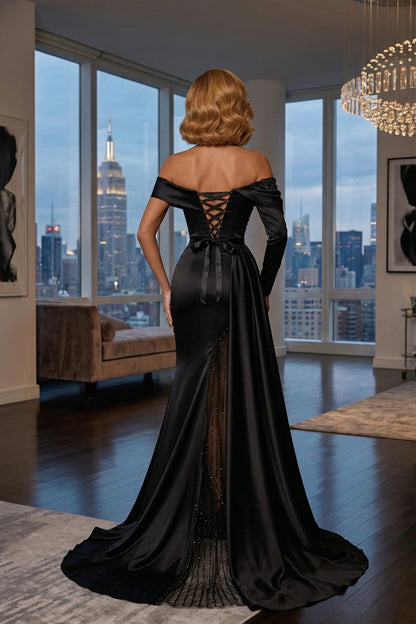 Off-the-Shoulder Long Sleeve Satin Mermaid Prom Dress with Beaded Slit | Sevoba
