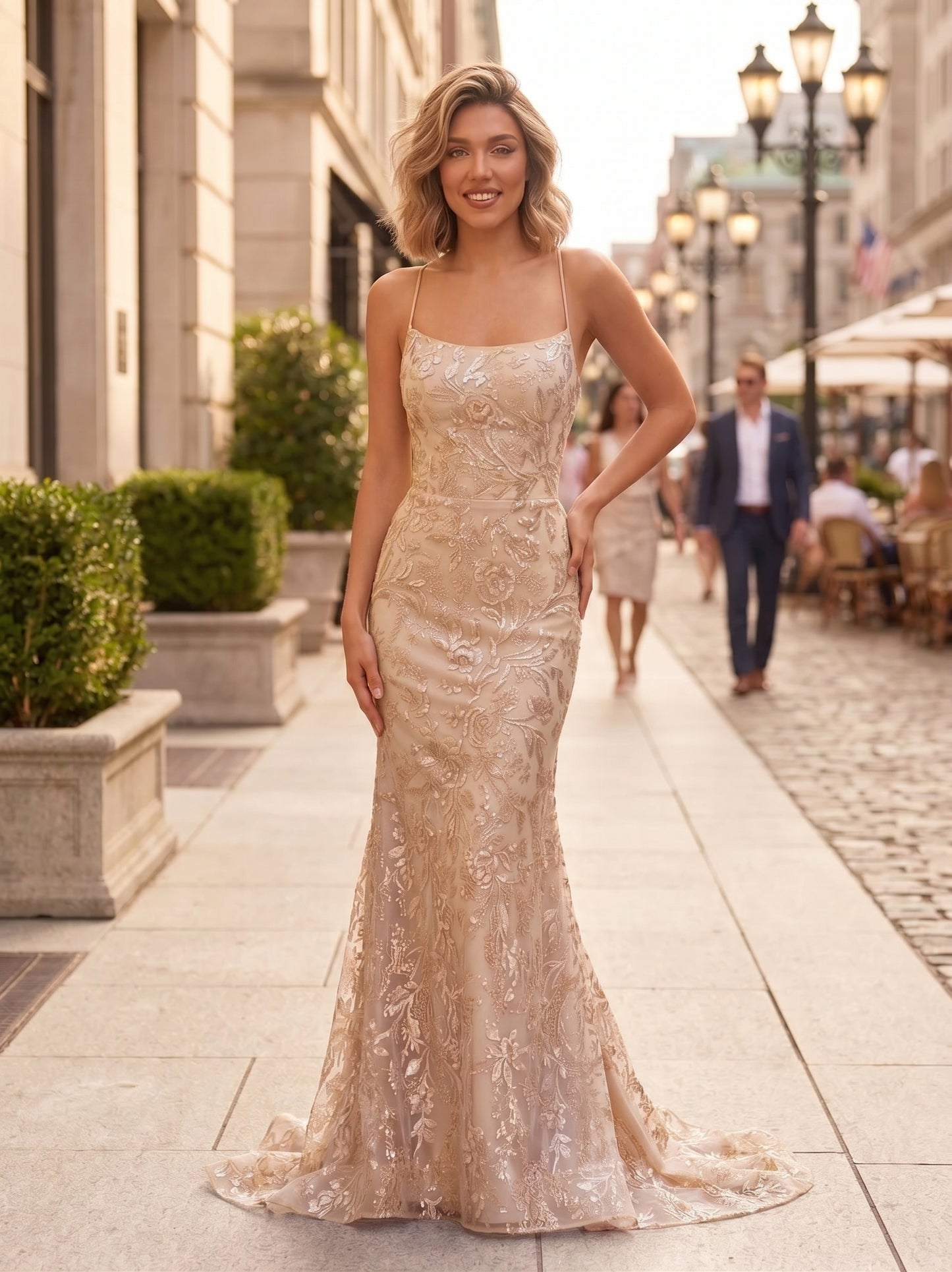Spaghetti Strap Square Neck Embellished Lace Mermaid Prom Dress with Lace-Up Back | Sevoba