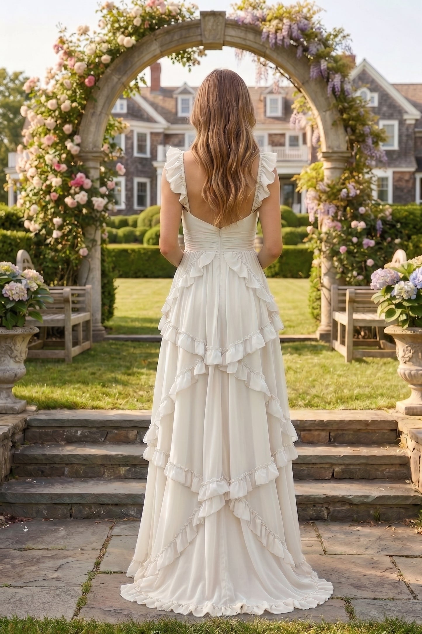 Sweetheart Cutout Ruffle Strap Tiered Chiffon A-Line Prom Dress | Sevoba