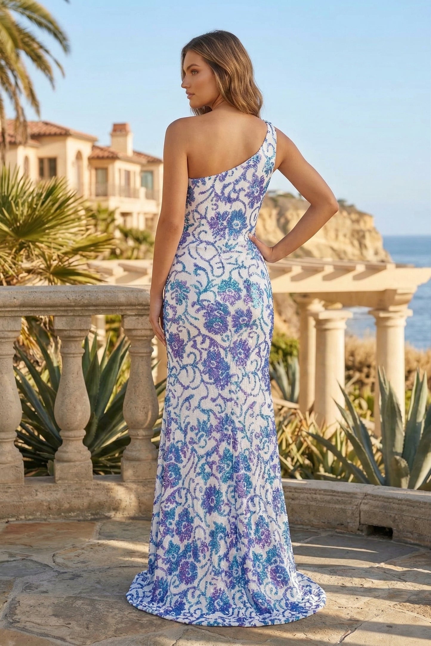 One Shoulder Floral Sequin Mermaid Prom Dress with High Slit | Sevoba