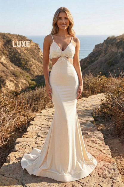 Spaghetti Strap Bow-Front Cutout Mermaid Prom Dress with Ruched Open Back | Sevoba
