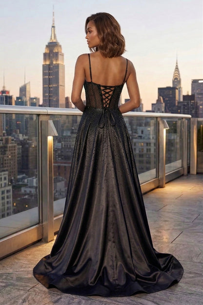 Spaghetti Strap Sheer Beaded Corset A-Line Prom Dress with Lace-Up Back & High Slit | Sevoba