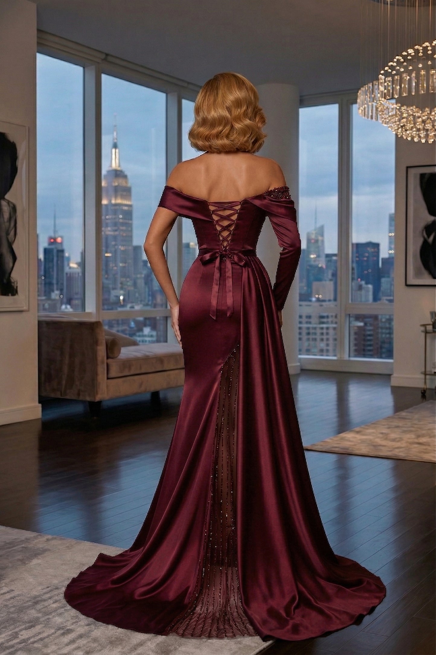 Off-the-Shoulder Long Sleeve Satin Mermaid Prom Dress with Beaded Slit | Sevoba