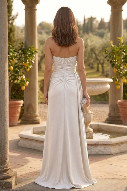 Strapless Ruched Crepe Mermaid Prom Dress with Draped Overlay & High Slit | Sevoba