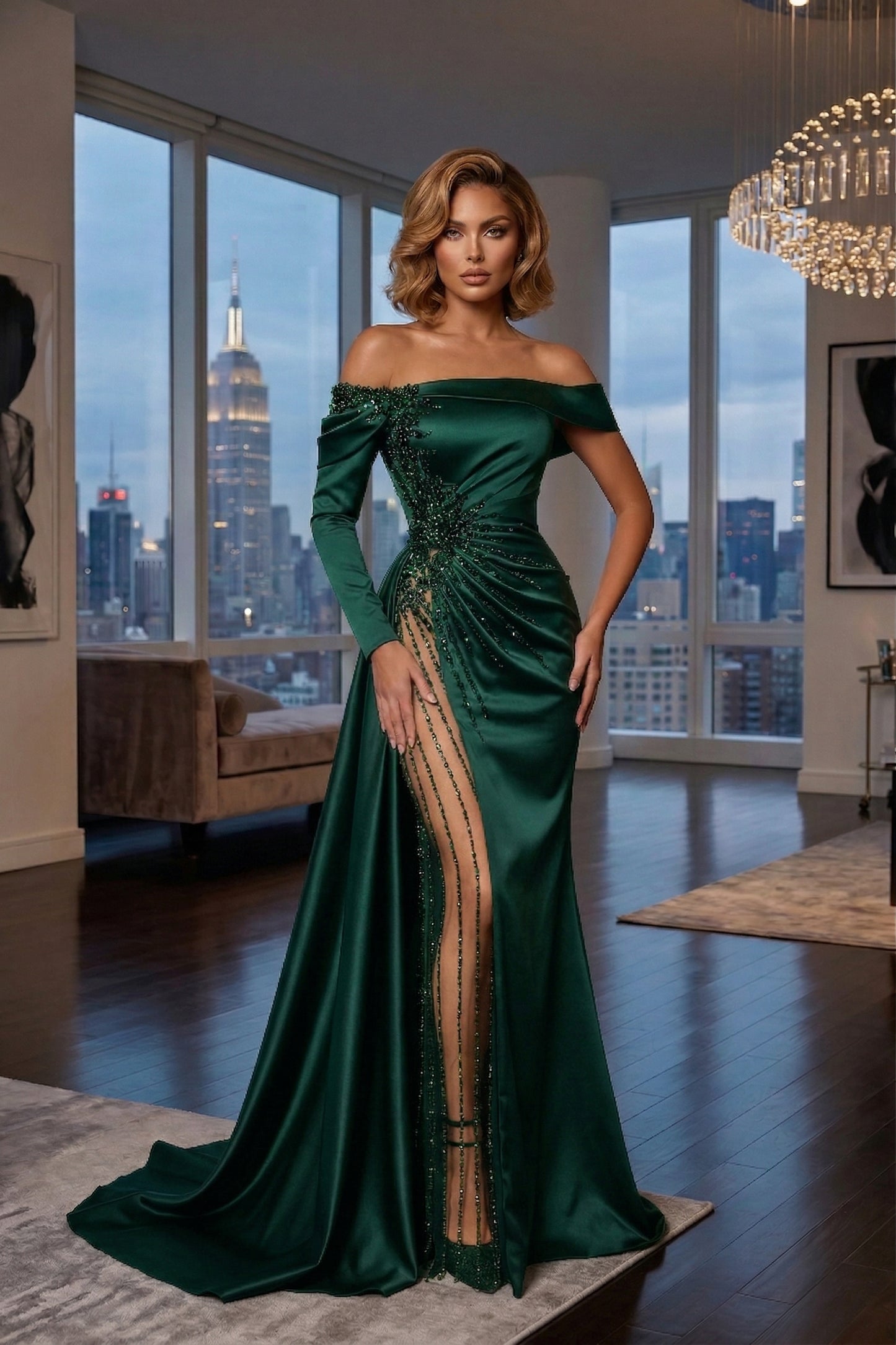 Off-the-Shoulder Long Sleeve Satin Mermaid Prom Dress with Beaded Slit | Sevoba