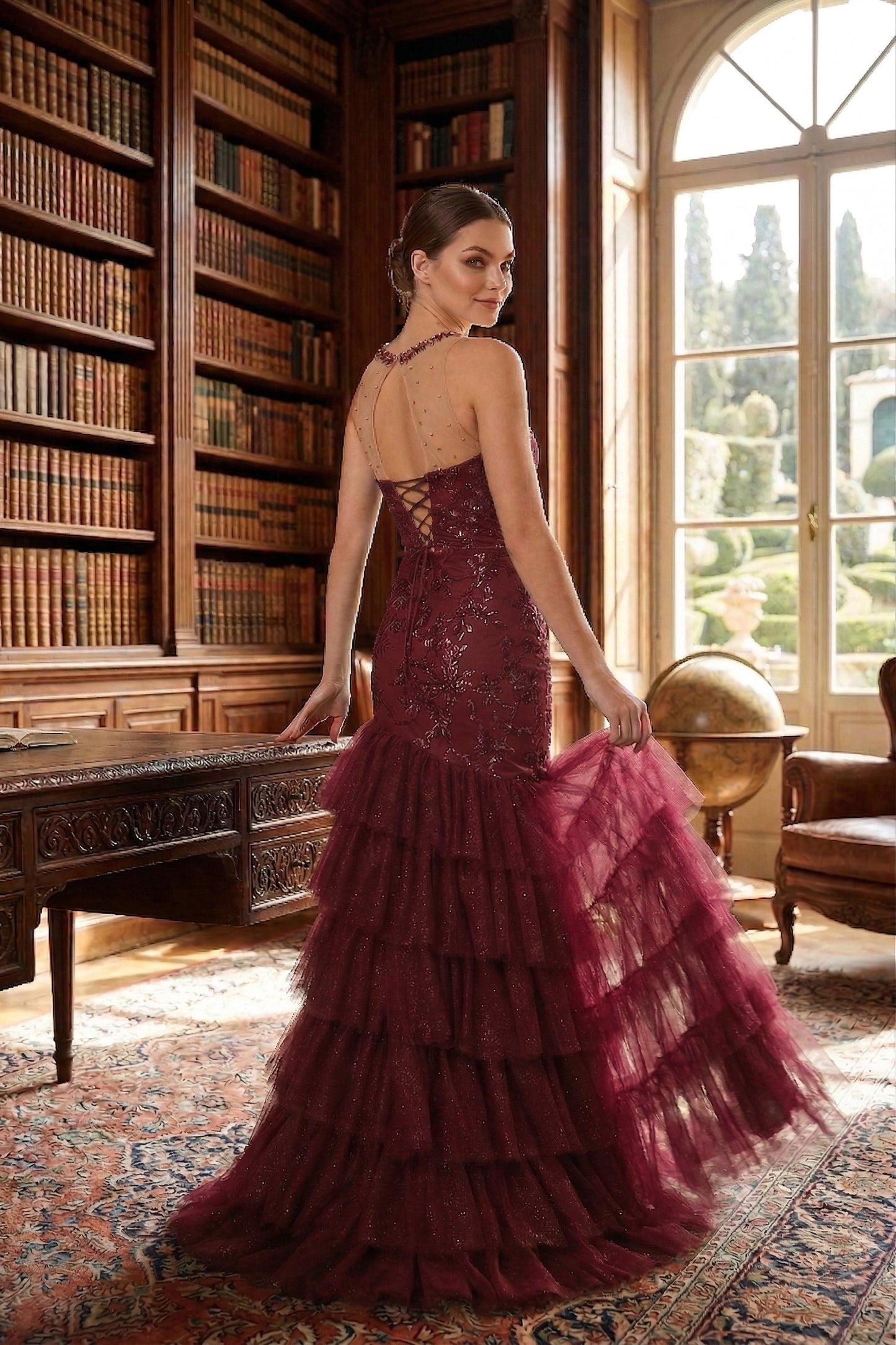 Illusion Neck Beaded Lace Mermaid Prom Dress with Tiered Tulle Skirt | Sevoba