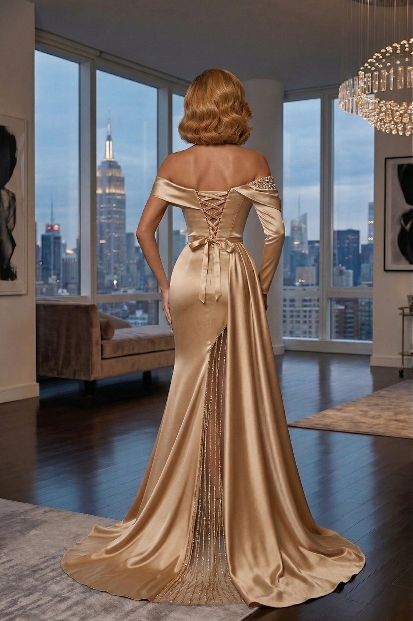 Off-the-Shoulder Long Sleeve Satin Mermaid Prom Dress with Beaded Slit | Sevoba