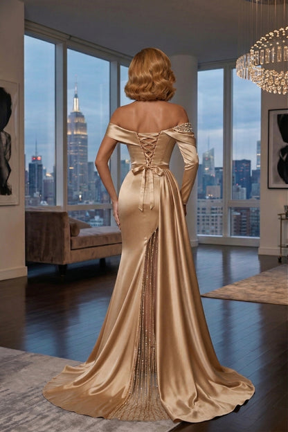 Off-the-Shoulder Long Sleeve Satin Mermaid Prom Dress with Beaded Slit | Sevoba