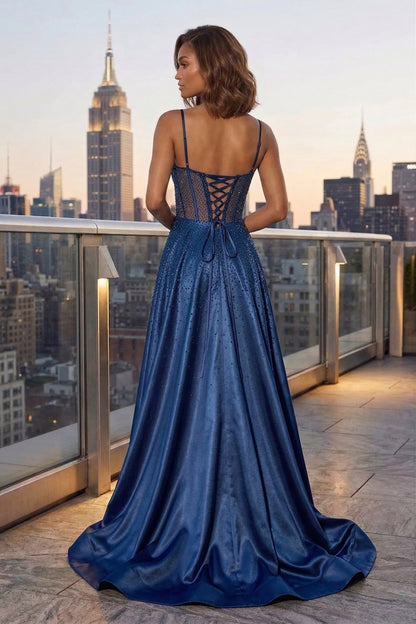 Spaghetti Strap Sheer Beaded Corset A-Line Prom Dress with Lace-Up Back & High Slit | Sevoba