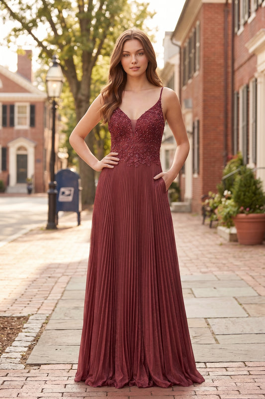 V Neck Applique Lace Pleated A-Line Prom Dress with Lace-Up Back | Sevoba