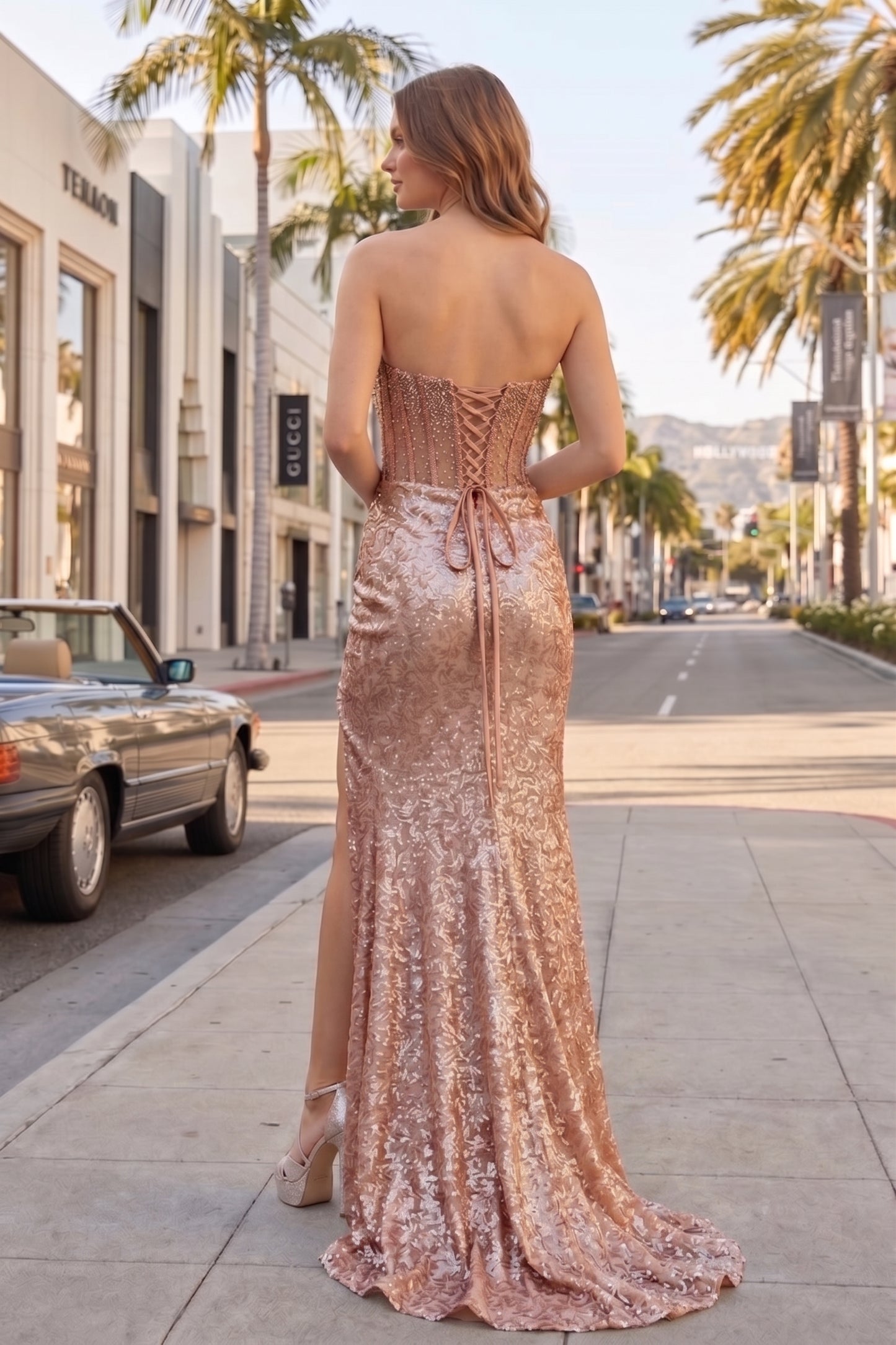 Strapless Sheer Corset Sequin Lace Mermaid Prom Dress with High Slit | Sevoba