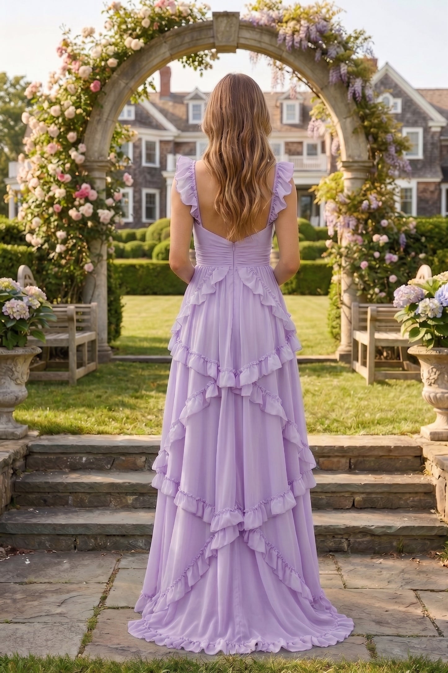 Sweetheart Cutout Ruffle Strap Tiered Chiffon A-Line Prom Dress | Sevoba
