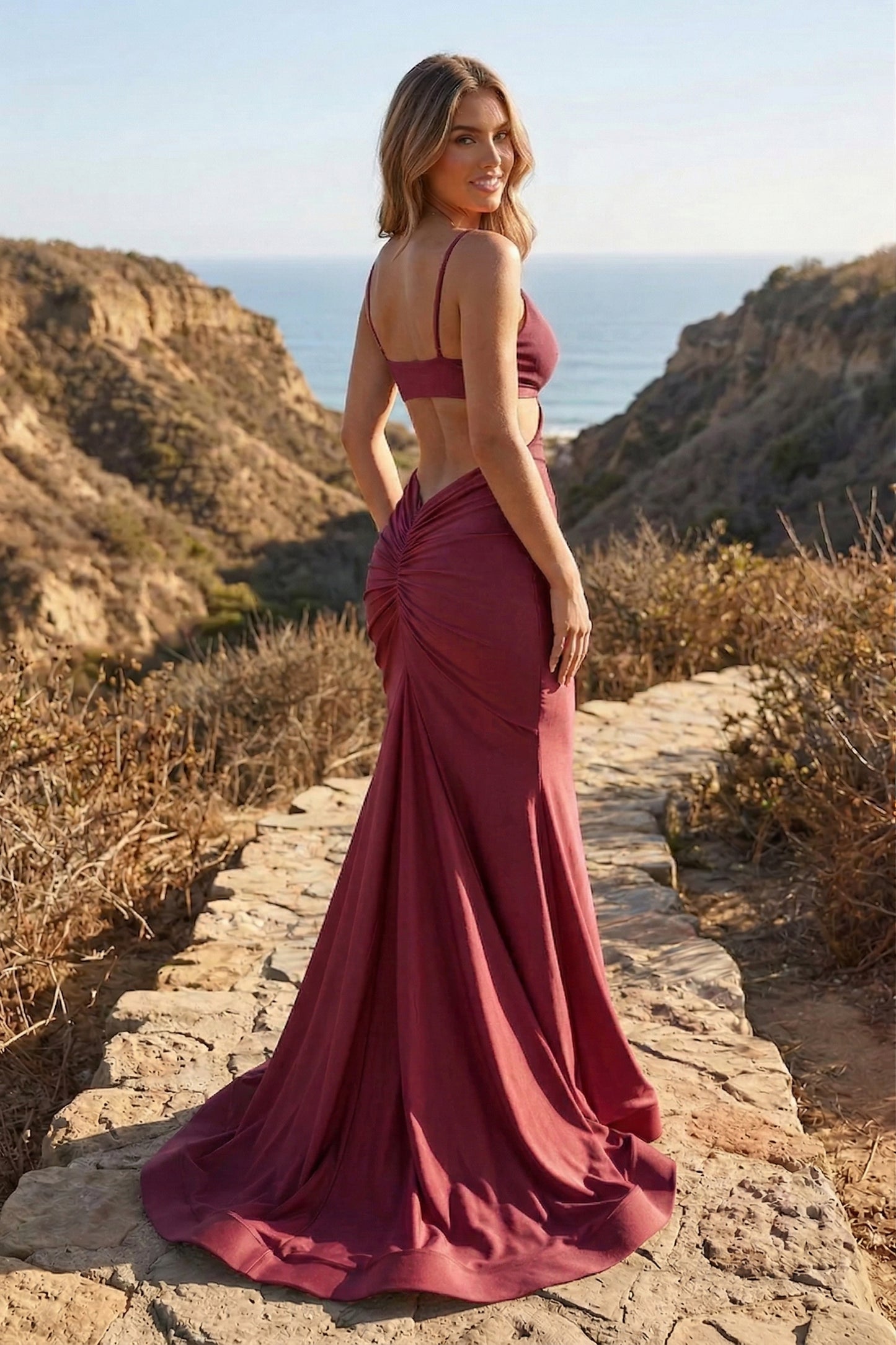 Spaghetti Strap Bow-Front Cutout Mermaid Prom Dress with Ruched Open Back | Sevoba
