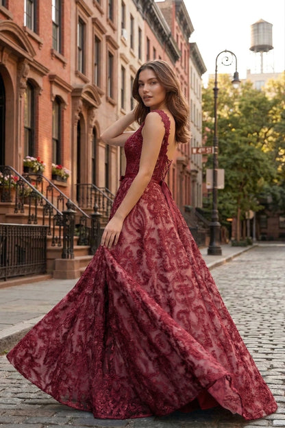 Square Neck Lace Corset A-Line Prom Dress with Satin Bow & Lace-Up Back | Sevoba