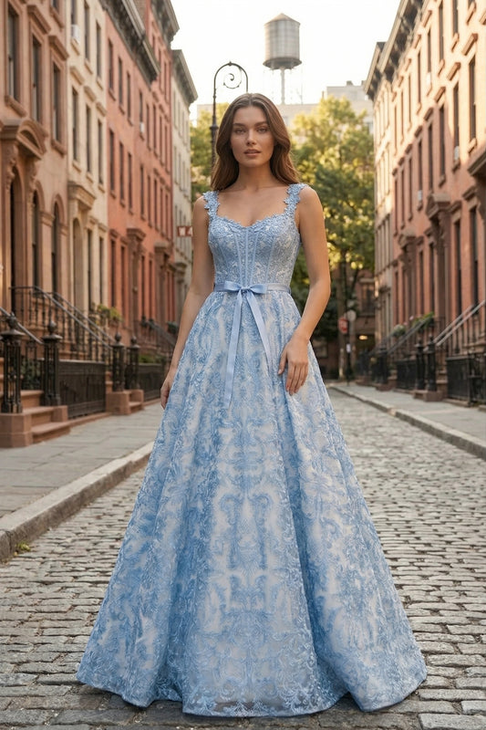Square Neck Lace Corset A-Line Prom Dress with Satin Bow & Lace-Up Back | Sevoba