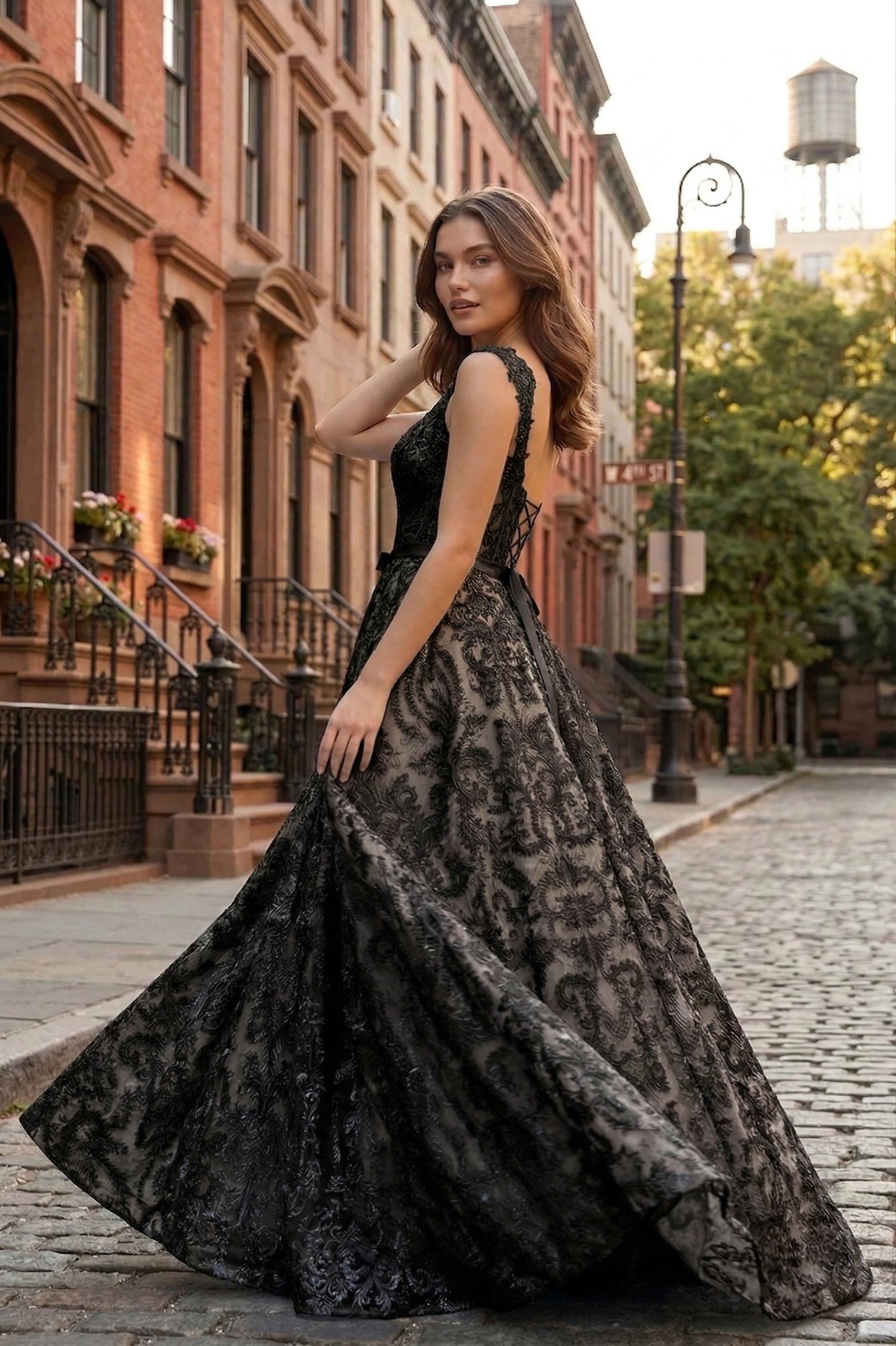 Square Neck Lace Corset A-Line Prom Dress with Satin Bow & Lace-Up Back | Sevoba