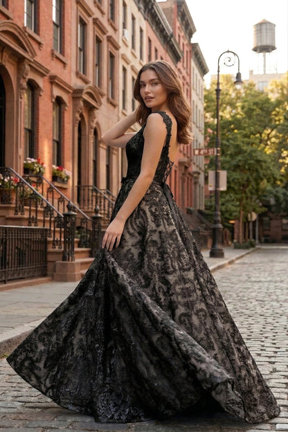 Square Neck Lace Corset A-Line Prom Dress with Satin Bow & Lace-Up Back | Sevoba
