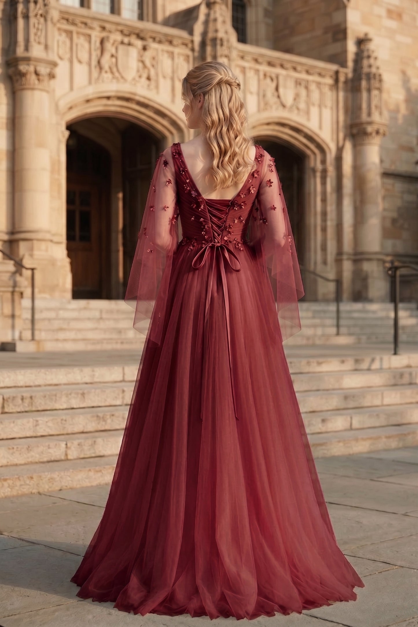 V Neck Applique Tulle A-Line Prom Dress with Sheer Sleeves and Lace-Up Back | Sevoba