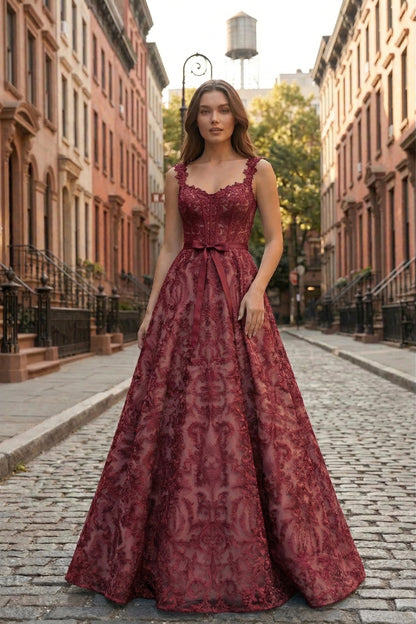 Square Neck Lace Corset A-Line Prom Dress with Satin Bow & Lace-Up Back | Sevoba