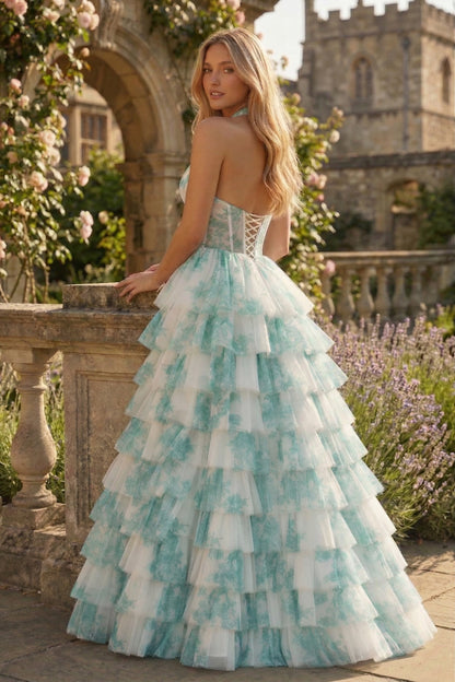 Halter Keyhole Floral Tulle Tiered Ball Gown Prom Dress with Corset Back | Sevoba
