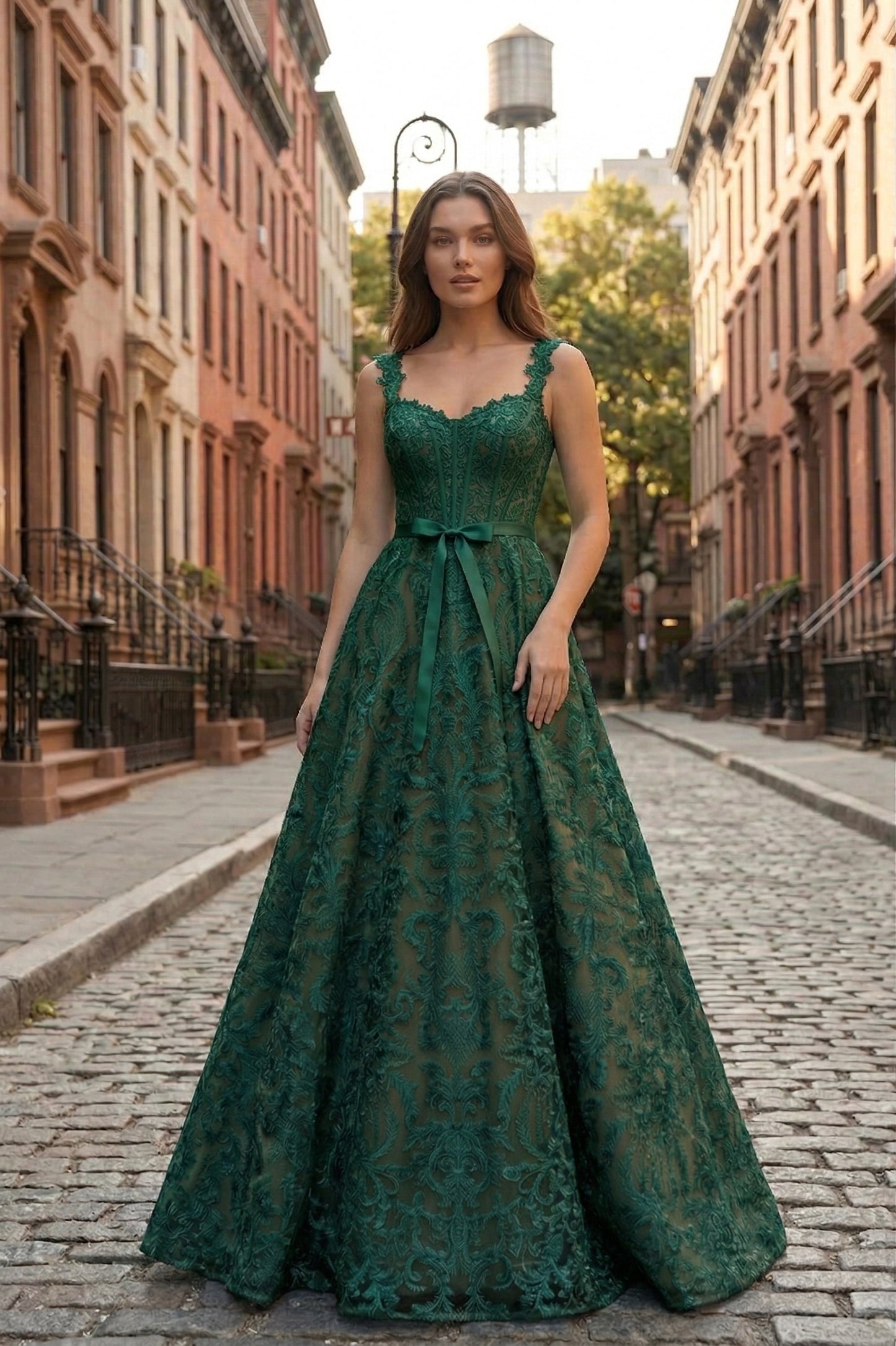 Square Neck Lace Corset A-Line Prom Dress with Satin Bow & Lace-Up Back | Sevoba