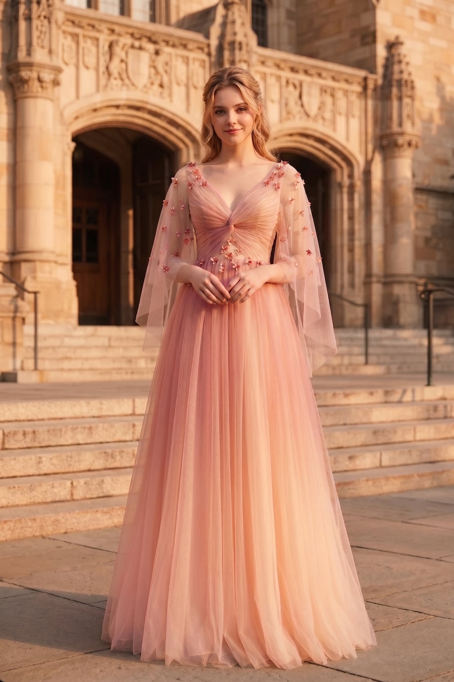V Neck Applique Tulle A-Line Prom Dress with Sheer Sleeves and Lace-Up Back | Sevoba