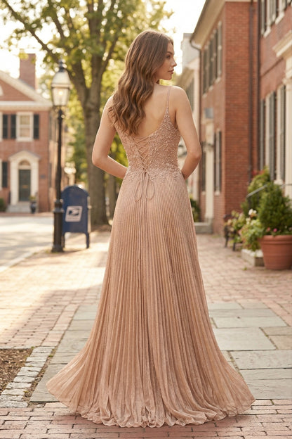 V Neck Applique Lace Pleated A-Line Prom Dress with Lace-Up Back | Sevoba