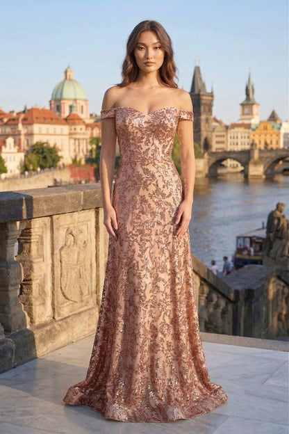 Off-the-Shoulder Sweetheart Sequin Lace Mermaid Prom Dress with Lace-Up Back | Sevoba