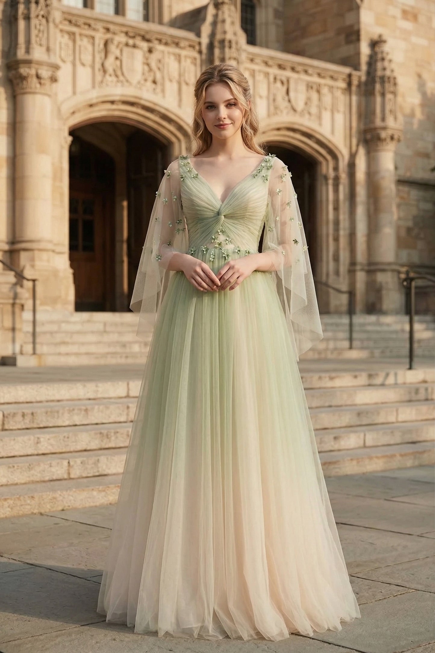 V Neck Applique Tulle A-Line Prom Dress with Sheer Sleeves and Lace-Up Back | Sevoba