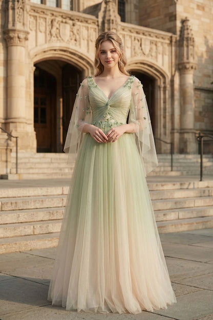 V Neck Applique Tulle A-Line Prom Dress with Sheer Sleeves and Lace-Up Back | Sevoba