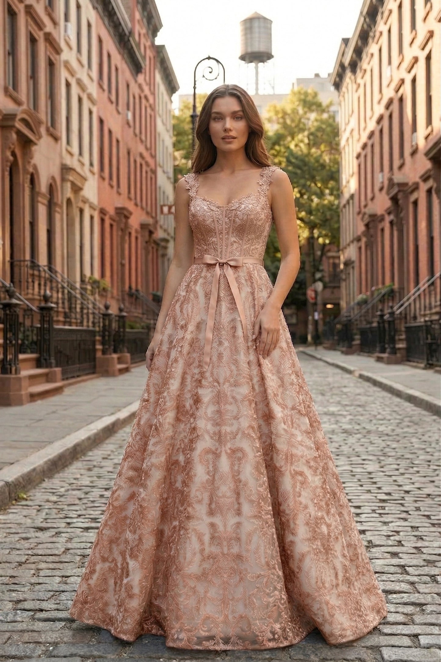 Square Neck Lace Corset A-Line Prom Dress with Satin Bow & Lace-Up Back | Sevoba