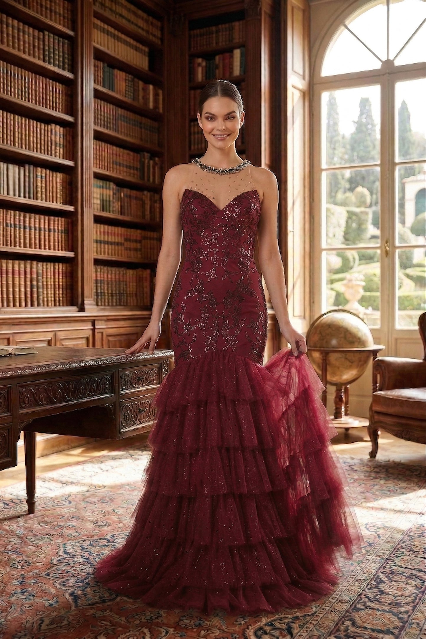 Illusion Neck Beaded Lace Mermaid Prom Dress with Tiered Tulle Skirt | Sevoba
