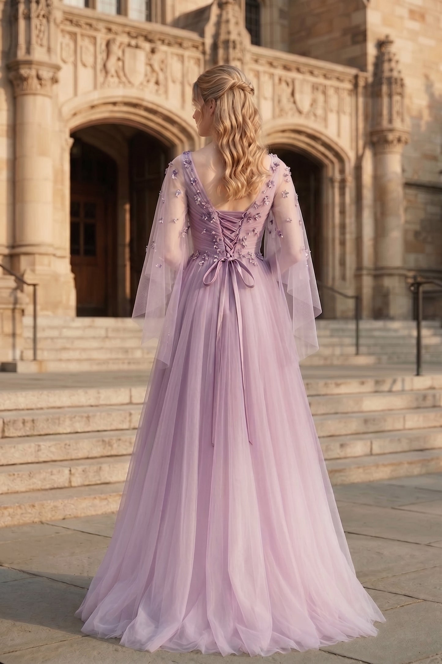V Neck Applique Tulle A-Line Prom Dress with Sheer Sleeves and Lace-Up Back | Sevoba