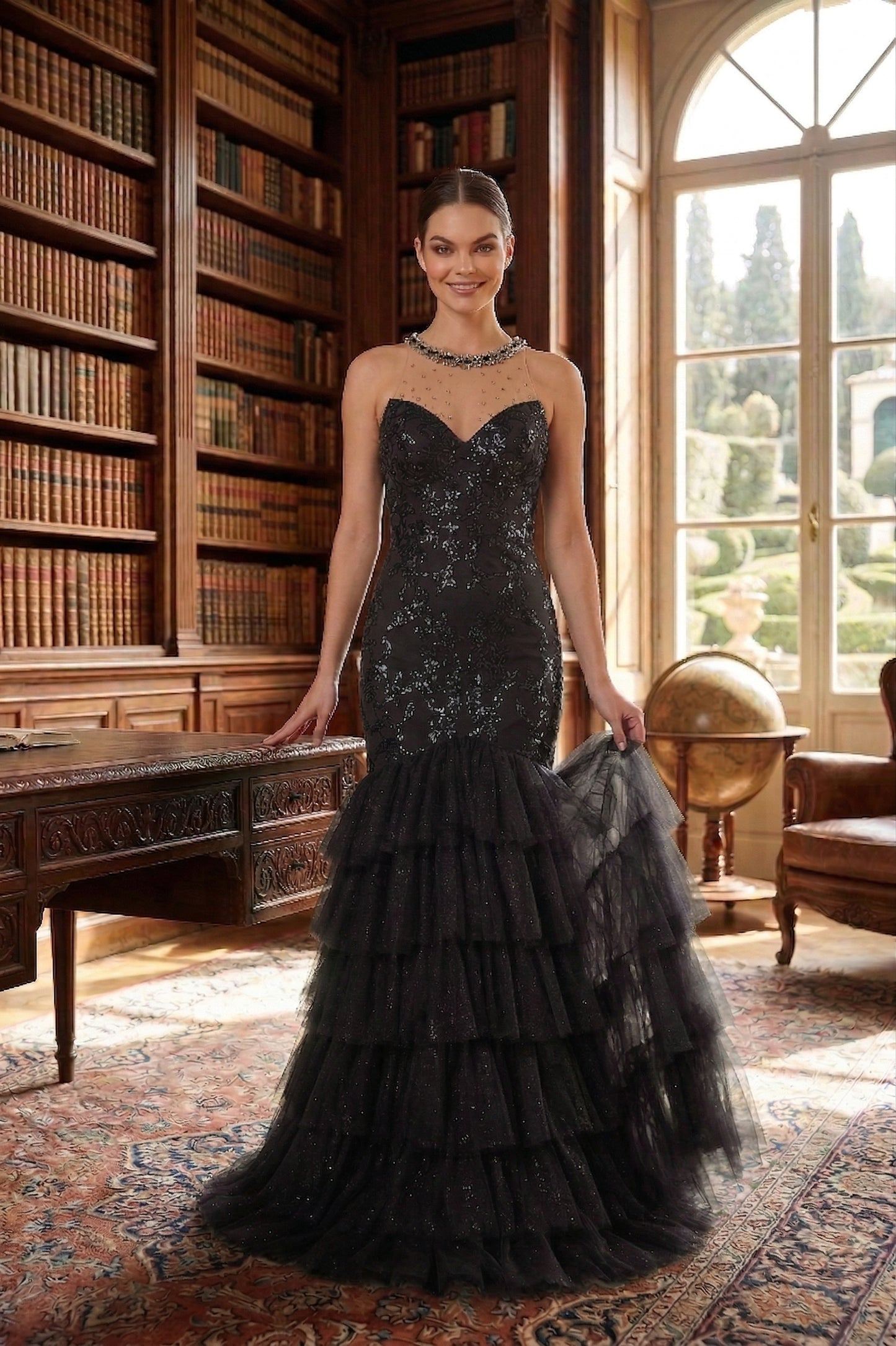 Illusion Neck Beaded Lace Mermaid Prom Dress with Tiered Tulle Skirt | Sevoba