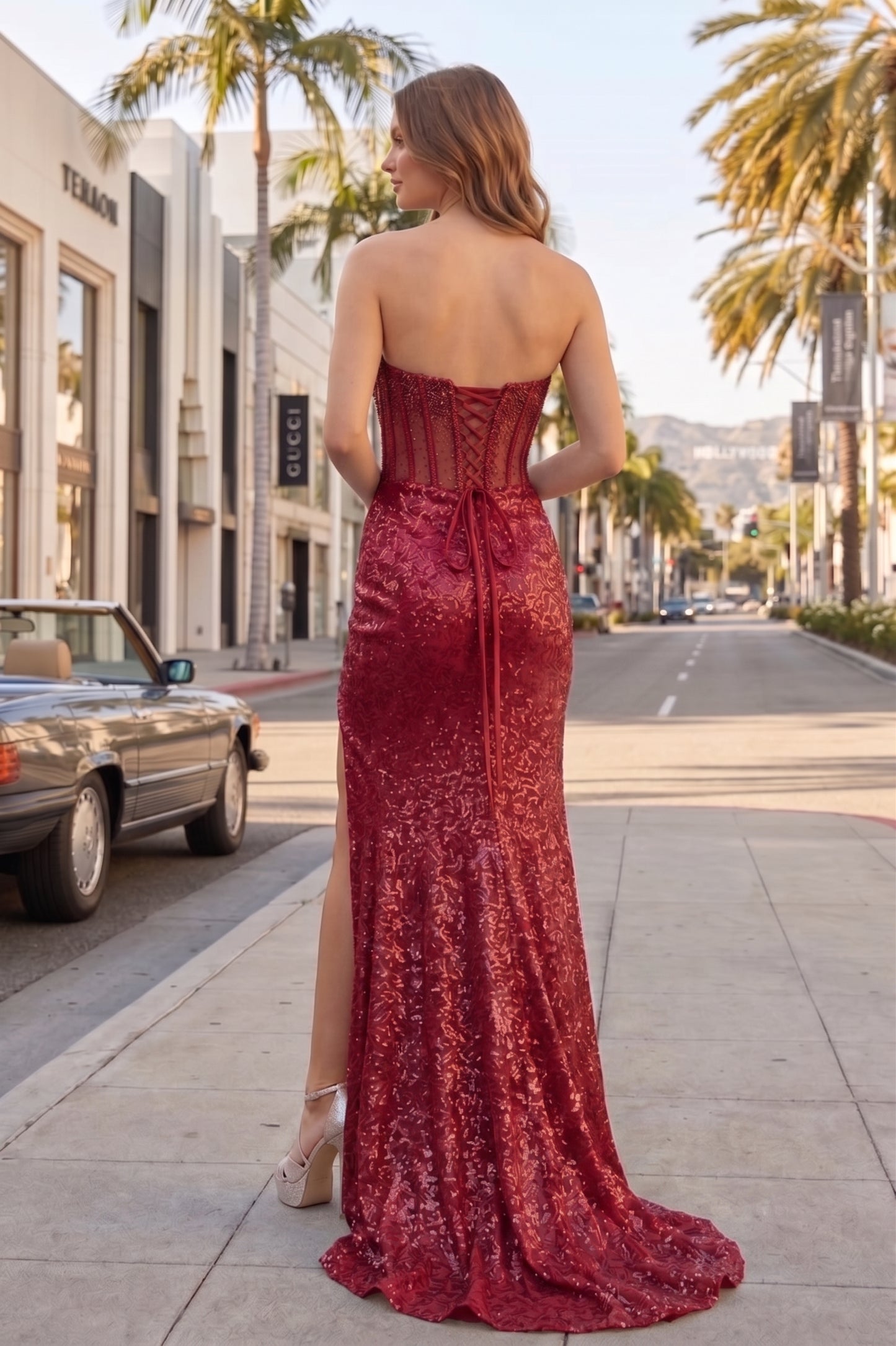 Strapless Sheer Corset Sequin Lace Mermaid Prom Dress with High Slit | Sevoba