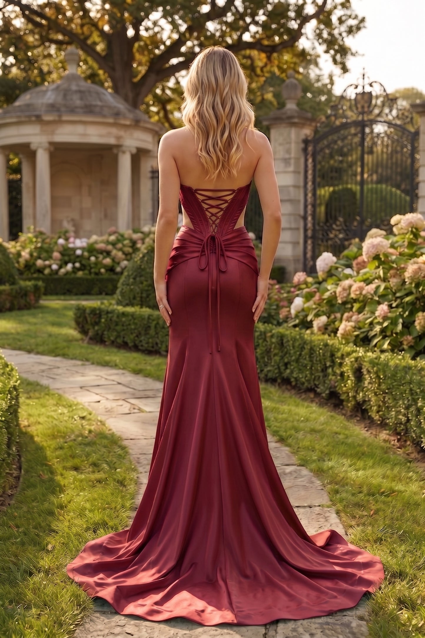 Strapless Corset Cutout High Slit Mermaid Prom Dress with Lace-Up Back | Sevoba