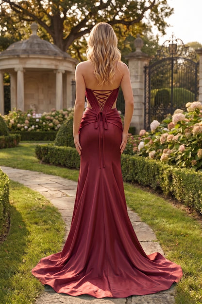 Strapless Corset Cutout High Slit Mermaid Prom Dress with Lace-Up Back | Sevoba