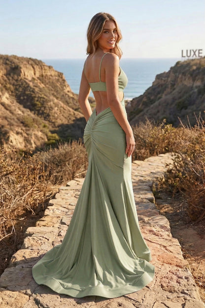 Spaghetti Strap Bow-Front Cutout Mermaid Prom Dress with Ruched Open Back | Sevoba