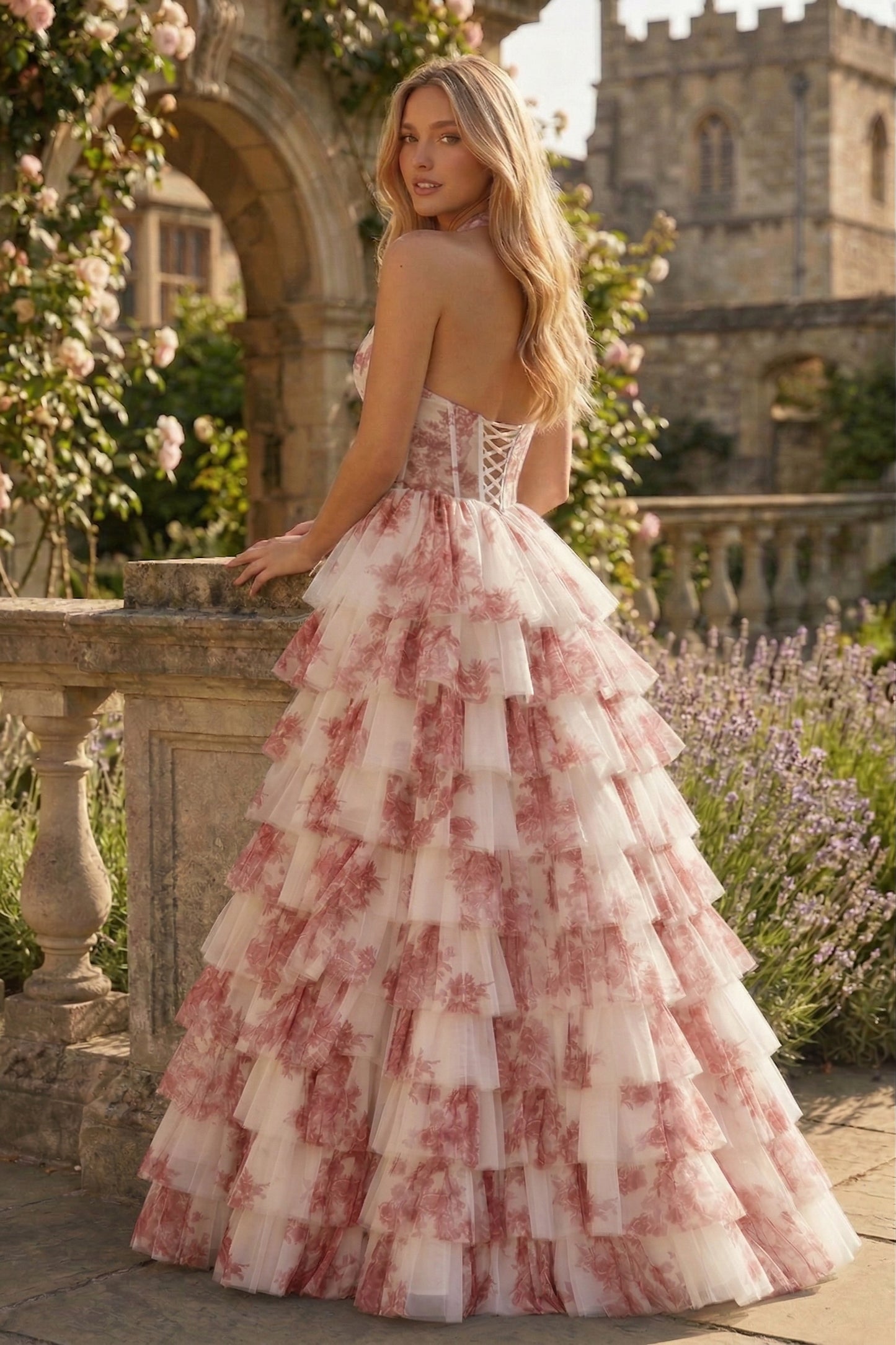 Halter Keyhole Floral Tulle Tiered Ball Gown Prom Dress with Corset Back | Sevoba